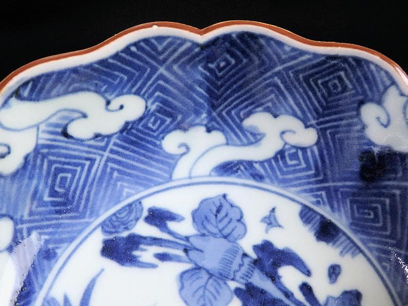 古伊万里 染付 雷紋に雲 花鳥紋の図 膾皿 2客 江戸期 E411AS-CEz