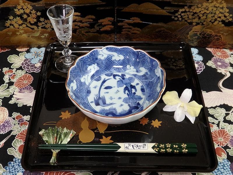 古伊万里 染付 雷紋に雲 花鳥紋の図 膾皿 2客 江戸期 E411AS-CEz