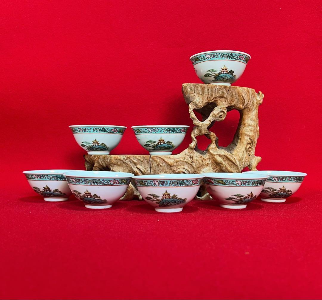 中国美術 茶道具 煎茶碗 茶碗 茶器 中国景德鎮製 山水風景 亭台樓閣 八客 中国古玩 中国景徳鎮製 煎茶碗 五客 / 中国美術 唐物 茶道具