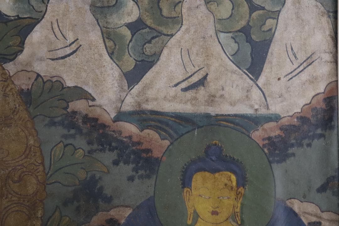 仏教美術 チベットタンカ 四臂観音像 絹本彩色 肉筆 仏画 タンカ 額装