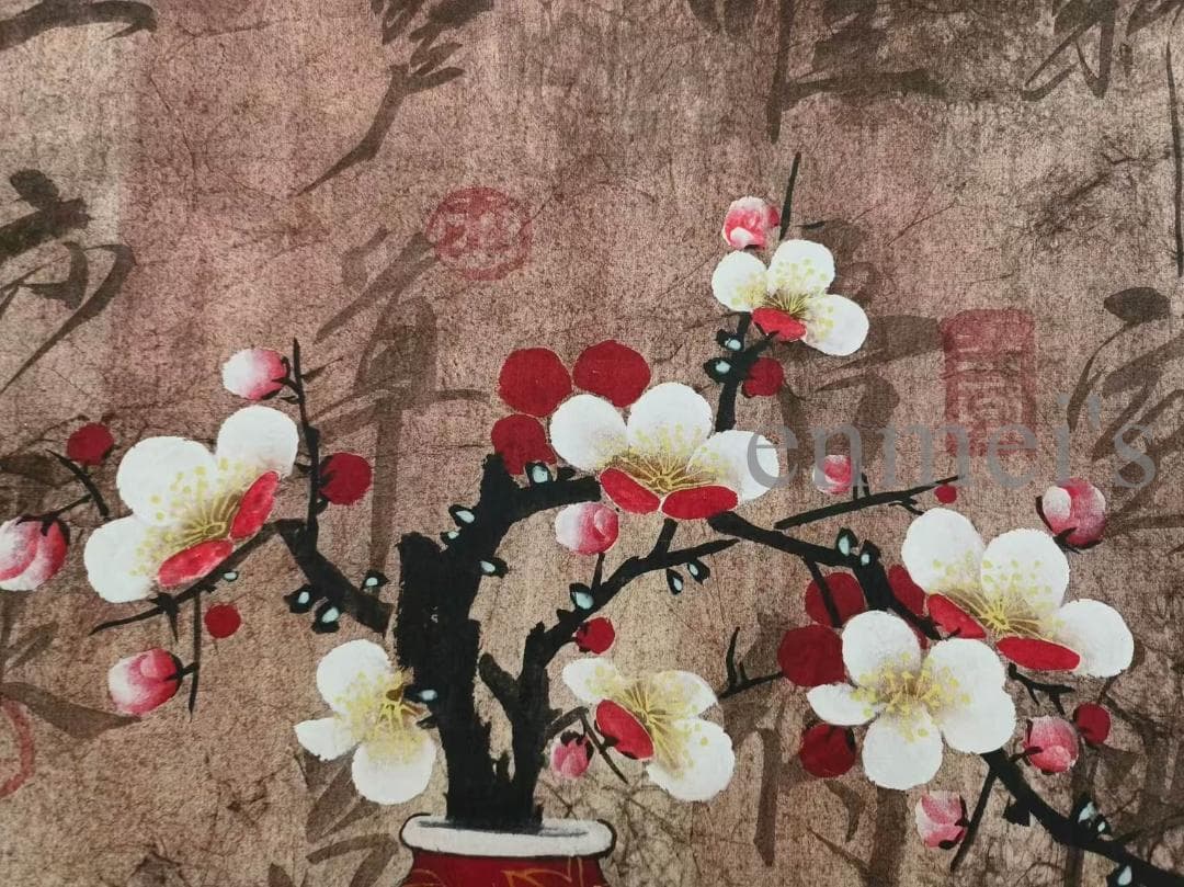 中国古美術 郎世寧作款 福慶如意図 横幅 宣紙 手描き 巻き物 古美味