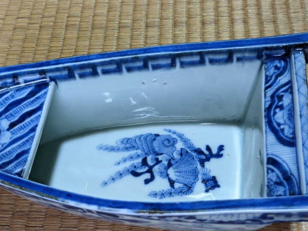 ♢江戸時代 瀬戸焼磁器 染付波千鳥貝尽くし紋 船 盃洗 骨董