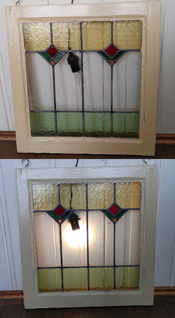アンティークステンドグラス窓枠w48,8×h51×d4，2㎝
