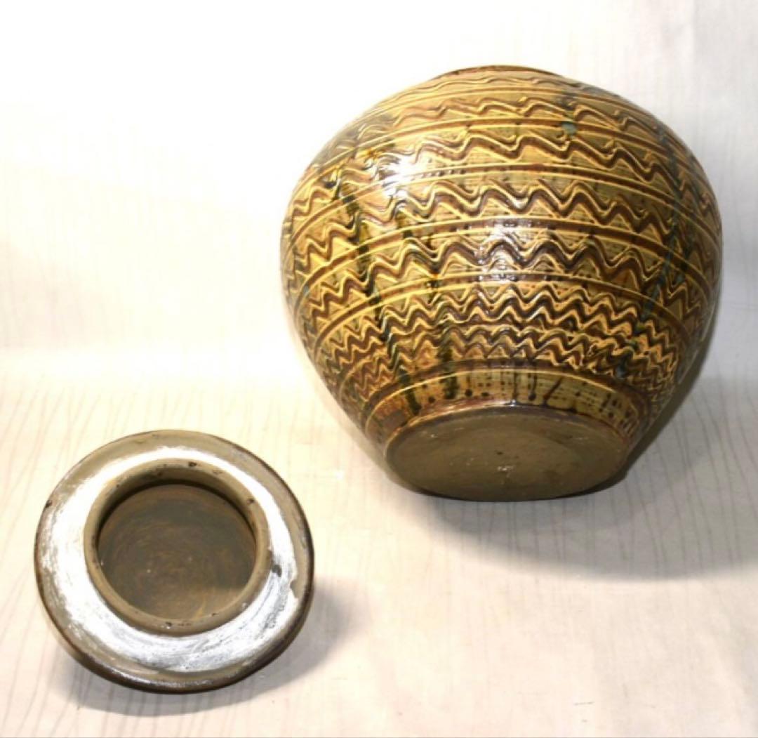 小鹿田焼 横縞櫛目緑釉打掛蓋付壺 29cm 未使用美