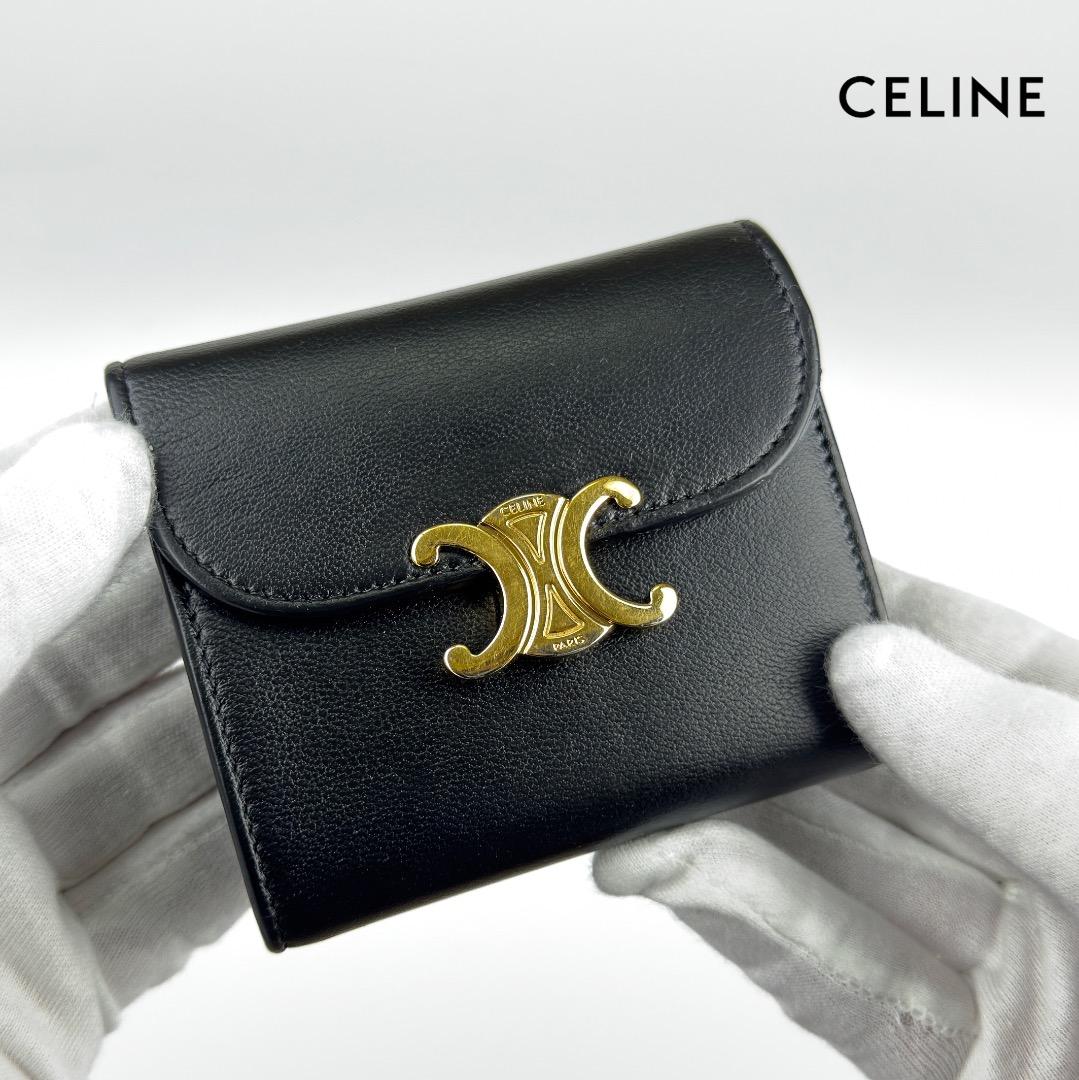 美品CELINE セリーヌトリオンフカーフスキン三つ折り財布ミニ財布